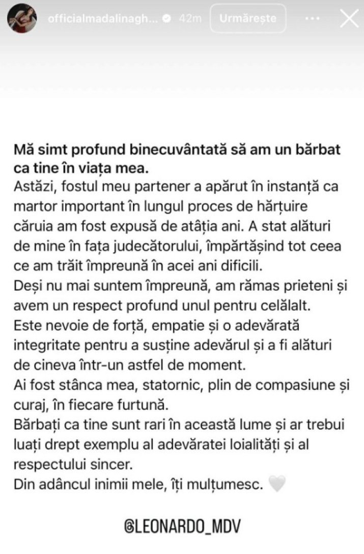 Mesajul de mulțumire al Mădălinei Ghenea
